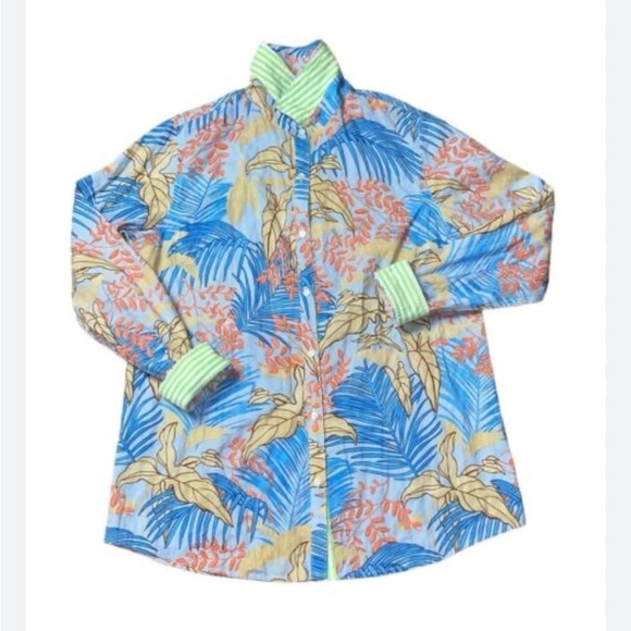 J McLaughlin Lois Shirt Blue Tropical Palm Print Long Sleeve Button Front Sz S - Picture 16 of 16